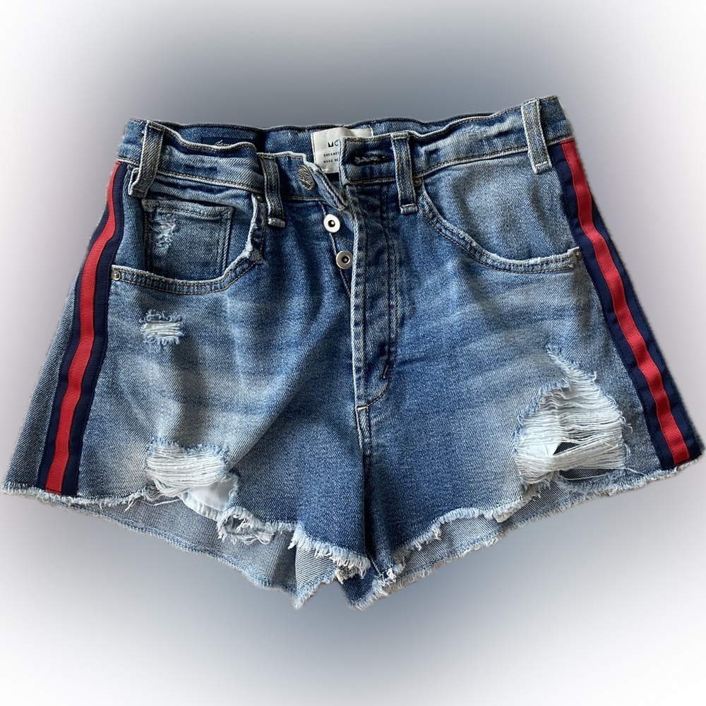 MCGUIRE STRIPED-SIDE CUTOFF SHORTS IBIZA DISTRESSED DENIUM SHORTS